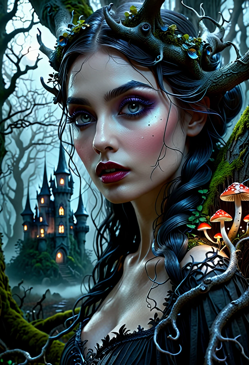 a dark fairy tale fantasy landscape, a deep mysterious forest, dark enchanted forest, sinister gothic castle, gnarled twisted trees, moonlight shining through foggy mist, eerie glowing mushrooms, haunting atmosphere, beautiful detailed eyes, beautiful detailed lips, extremely detailed eyes and face, long eyelashes, 1girl, (best quality,4k,8k,highres,masterpiece:1.2),ultra-detailed,(realistic,photorealistic,photo-realistic:1.37),dark fantasy,cinematic lighting,moody lighting,dramatic lighting,vibrant colors,fantasy art