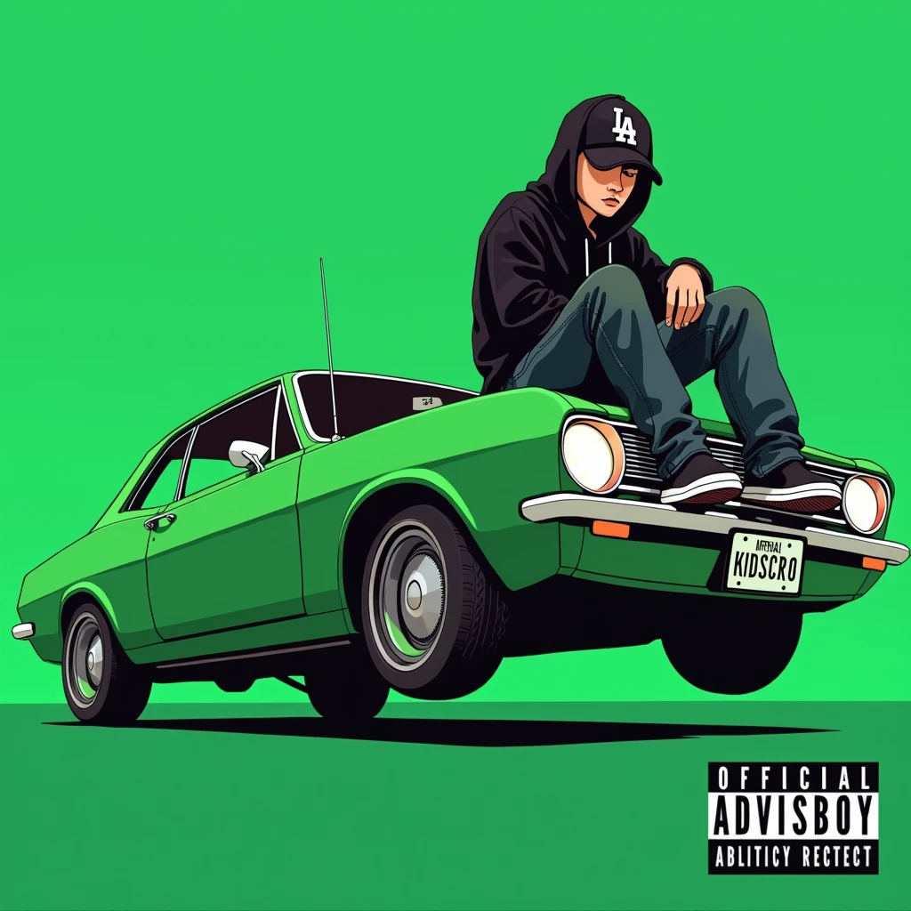 Image of a man sitting on the bonnet of a car, Yoshihiko Wada's album cover, winner of the behance contest, Doodle, official artwork, rap album cover, hip - hop album art cover, colored album art, hip hop music album cover, rap album cover art, official fanart, GTA Cover, hip hop album cover, album art cover, G-FUNK Hip Hop album cover, green background, green car, with the words 'If WONA behemes a gangster' on the back of the picture, an Asian ager wearing a black LA hoodie, a black LA ball cap with a deep press and a wide pair of jeans down, a troublemaker boy sits on the bonnet of a car and lets the car out to the side