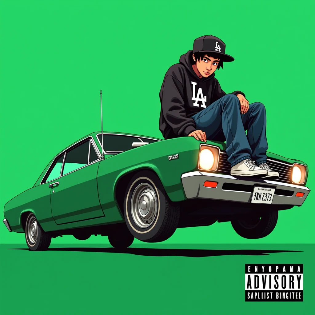 Image of a man sitting on the bonnet of a car, Yoshihiko Wada's album cover, winner of the behance contest, Doodle, official artwork, rap album cover, hip - hop album art cover, colored album art, hip hop music album cover, rap album cover art, official fanart, GTA Cover, hip hop album cover, album art cover, G-FUNK Hip Hop album cover, green background, green car, with the words 'If WONA behemes a gangster' on the back of the picture, an Asian teenager wearing a black LA hoodie, a black LA ball cap with a deep press and a wide pair of jeans down, a troublemaker boy sits on the bonnet of a car and lets the car out to the side