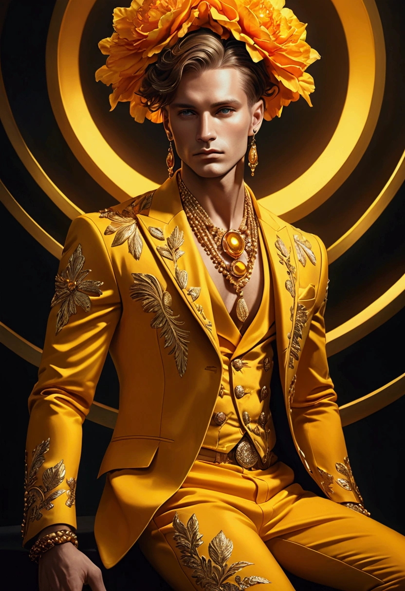 (Inspired by: Tomasz Jedruszko), A man wearing flashy gold jewelry, flamboyant clothing, detailed fashion, dramatic pose, dynamic lighting, hyper-realistic, cinematic, striking colors, vibrant, moody, high contrast, Superb composition, elegant and simple background,meditative mood,(masterpiece), best quality,
