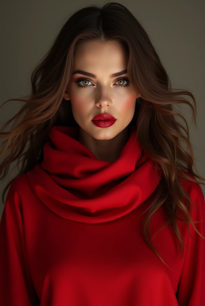 Hot female wearing poncho red lips shiny eyeshadow long brown hair