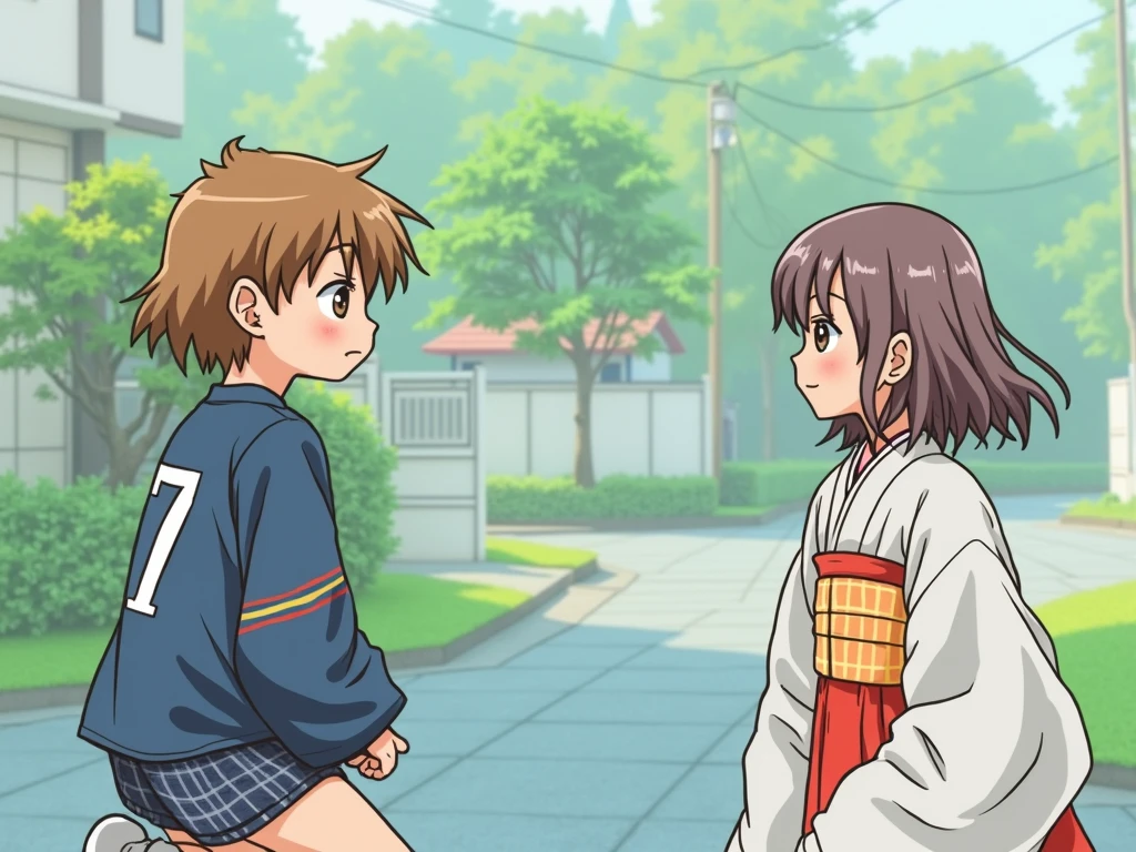 1980s retro hand drawn ink. A small black boy named Greg Burke kneeling on concrete with short close crop shaved hair, in an all-white number seven sports jersey, loose-fitting plaid cotton boxers shorts and a Japanese small girl named Ikari Yu with medium length brown hair wearing an orange stripe kimono.