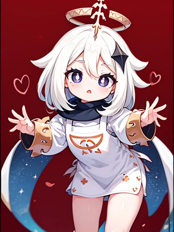 (ddler:1.3), Paimon ,(A white border around a dark red rectangular background：2.5),aprons，High detail,Moles under eyes, Heart-shaped pupils，Love pupils，Lots of hearts，Fleshy thighs,highly rendered，detailed face with