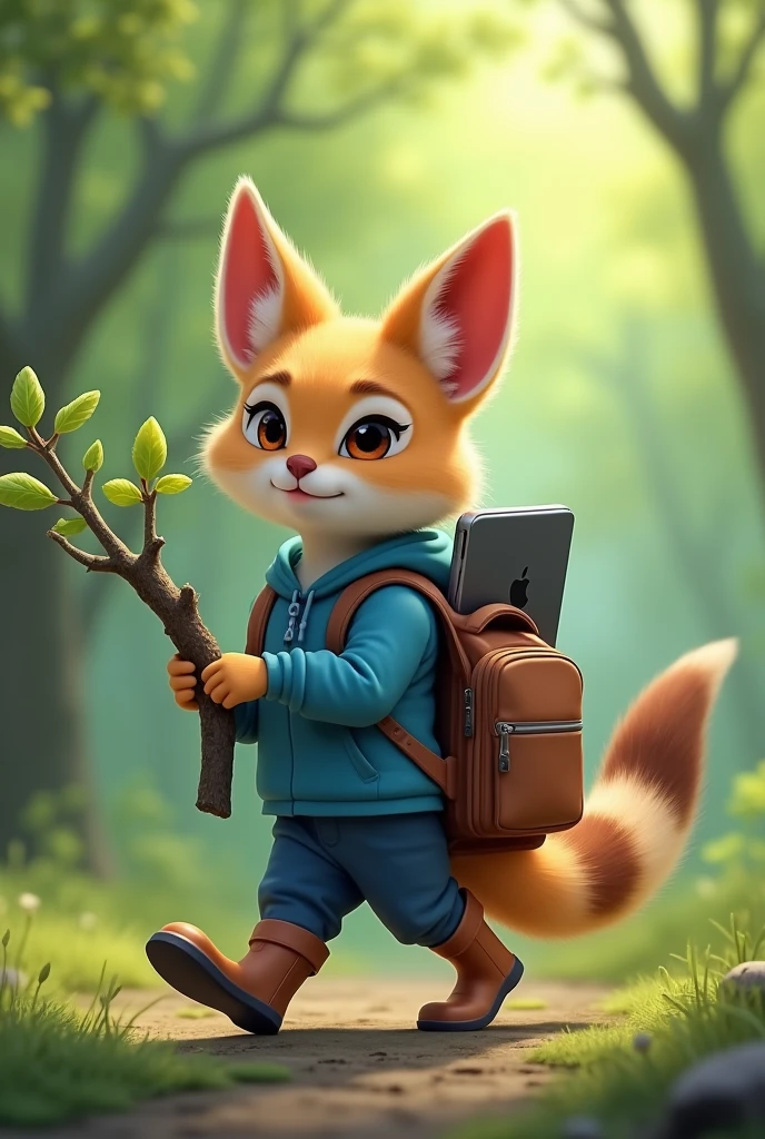 Create an image of a ringtail with a backpack with a laptop inside that shows blue clothing with rubber boots and a tree in its hand
