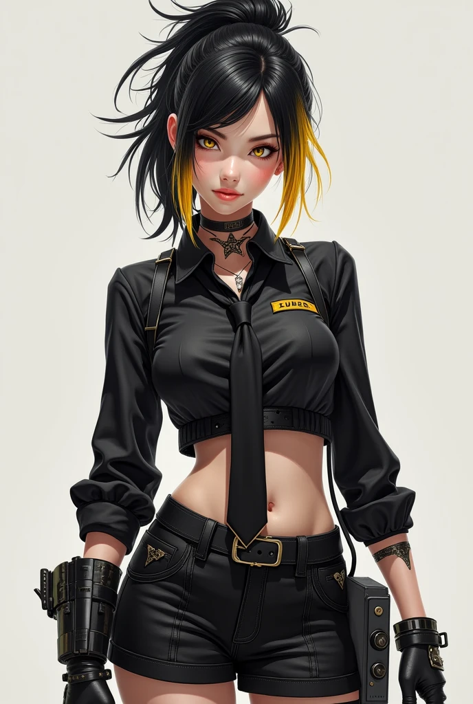 Free Fire game style female character, with black and gold hair half tied up and half loose on top of her head, wearing a black rocker style blouse with a tie, Black Skirt