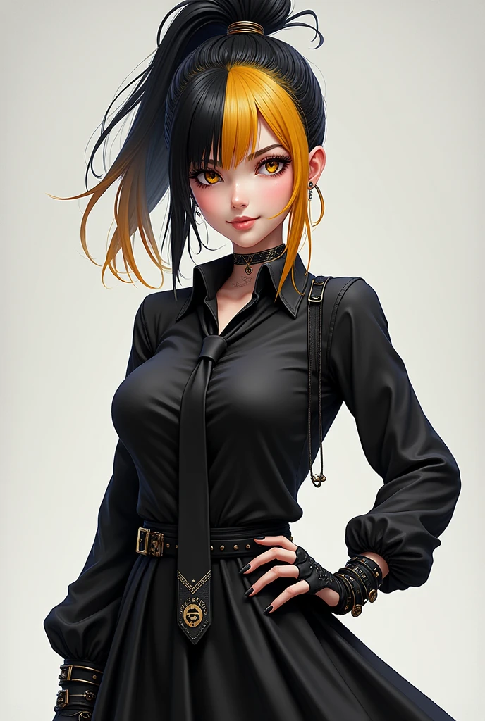 Free Fire game style female character, with black and gold hair half tied up and half loose on top of her head, wearing a black rocker style blouse with a tie, Black Skirt