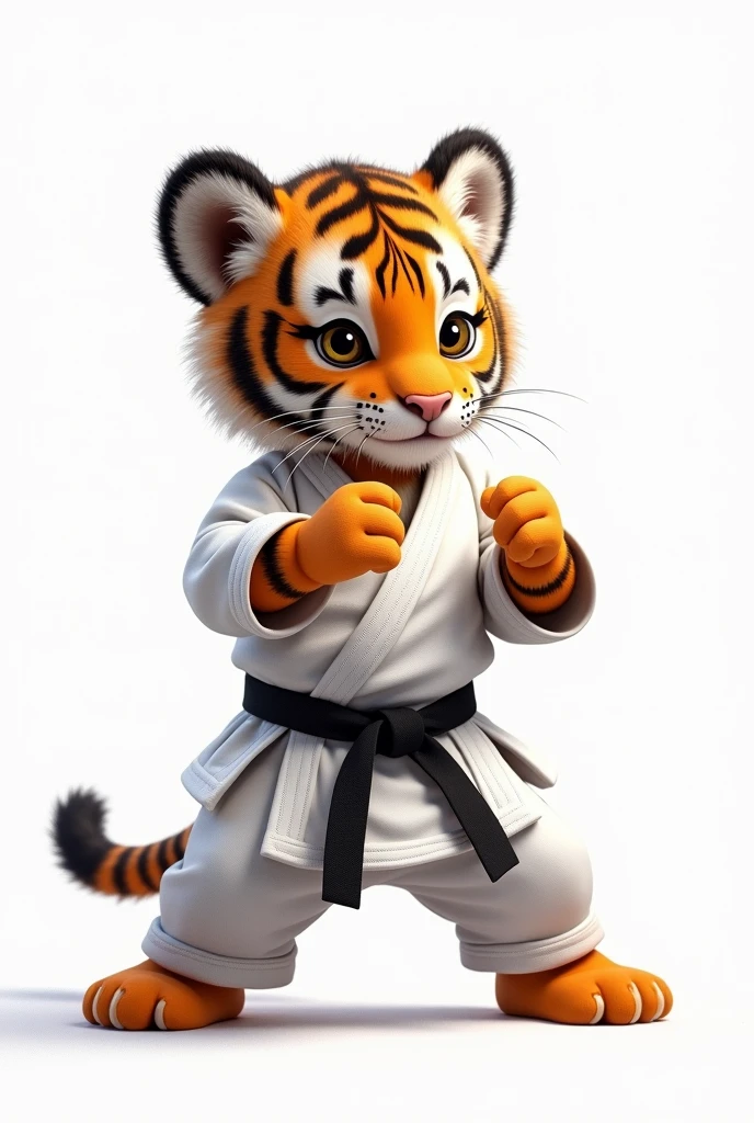 tiger cub in karate costume on white background