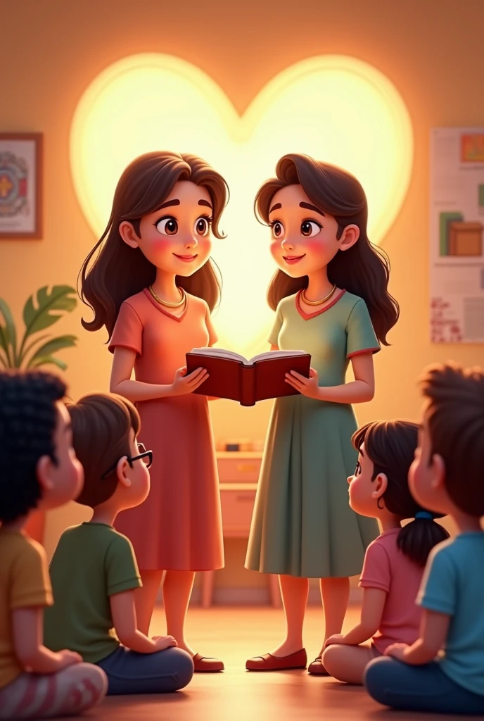 Two women holding a bible with children on either side and a heart behind them in the background in Sunday school in animated cartoons