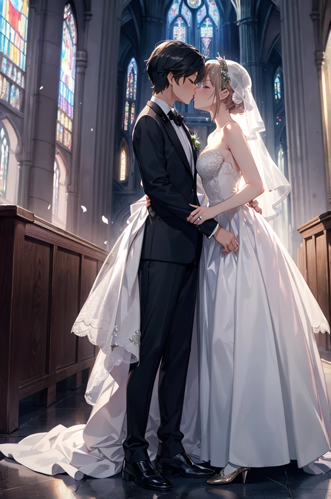 (masterpiece), 4K,{{{2 women}}}, Wedding dress,tuxedo,Lesbian,shoes,headgear, wedding,church,牧師の前で誓いのkiss,kiss,Angle from a distance
