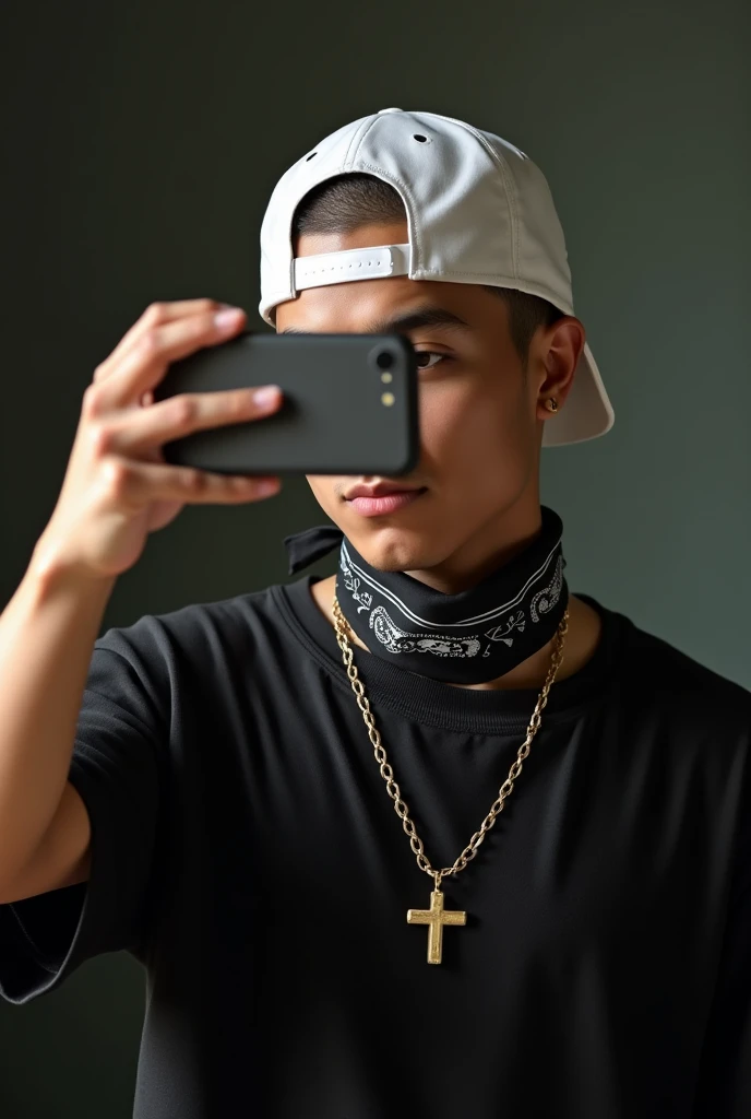 Realistic image of an 18-year-old taking a selfie with a cell phone, black shirt, chain necklace without pendant, all white backwards cap, black bandana around the throat. shaven hair, and the cell phone covering the face.