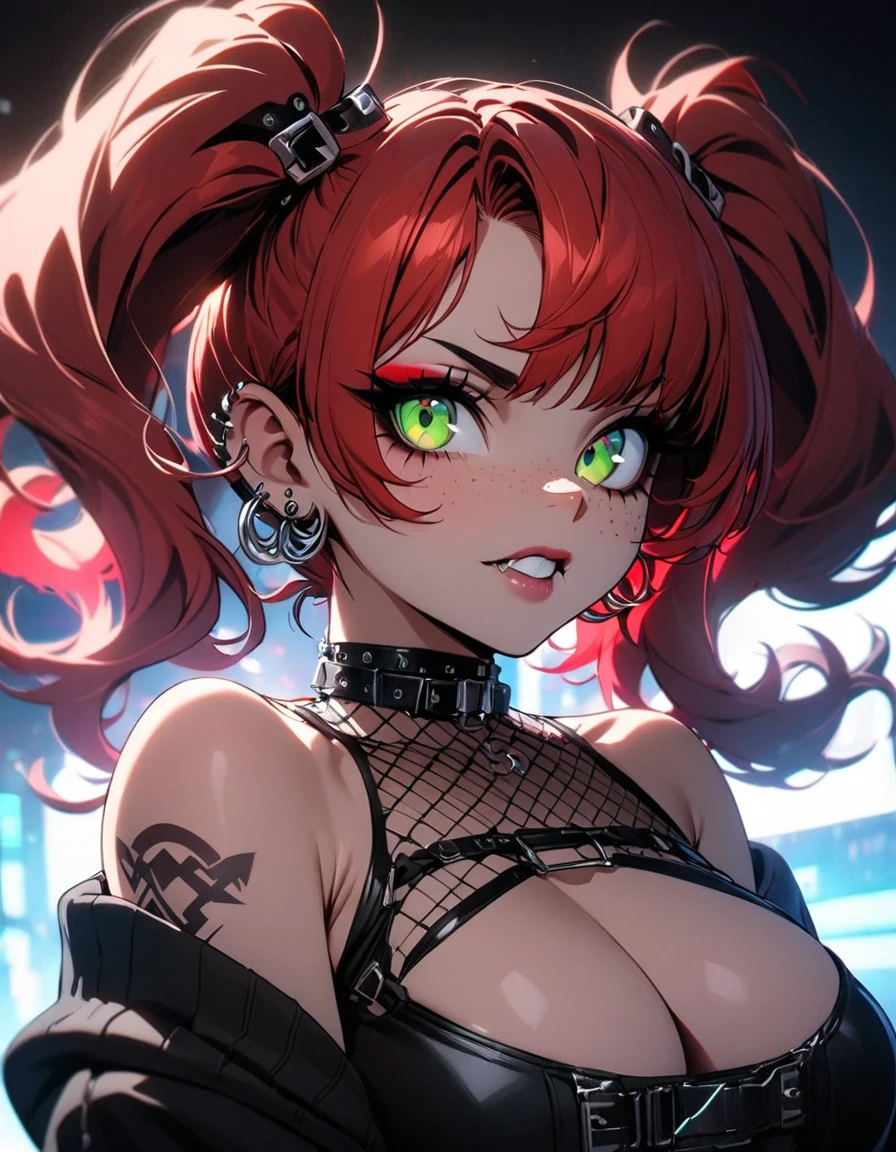 woman, curly red hair in pig tails, green eyes, eye shadow, black hoodie, black finger-less gloves, exposed shoulders, large breasts, freckles, cleavage, fishnet undershirt, looking at viewer, Holo-Punk Style, goth, earrings, eyelashes, makeup, solo, tattoo, punk aesthetic, cinematic lighting, masterpiece, best quality, face close up, biting lip