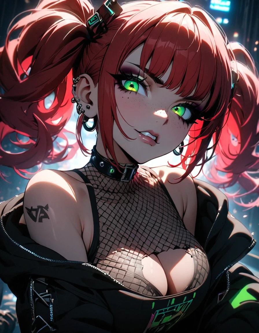 woman, curly red hair in pig tails, green eyes, eye shadow, black hoodie, black finger-less gloves, exposed shoulders, large breasts, freckles, cleavage, fishnet undershirt, looking at viewer, Holo-Punk Style, goth, earrings, eyelashes, makeup, solo, tattoo, punk aesthetic, cinematic lighting, masterpiece, best quality, face close up, biting lip