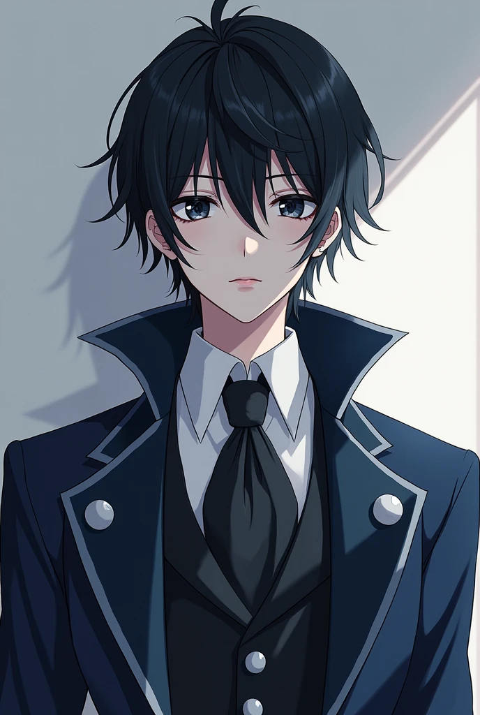 27 year old white anime guy with blue lock art, Black hair with a side part and a small volume, Forward at eye level, An indifferent expression with black eyes., Have a strong and well-defined body., An unattractive full-body front view, Change into an English nobleman&#39;s shirt, Beautiful face
