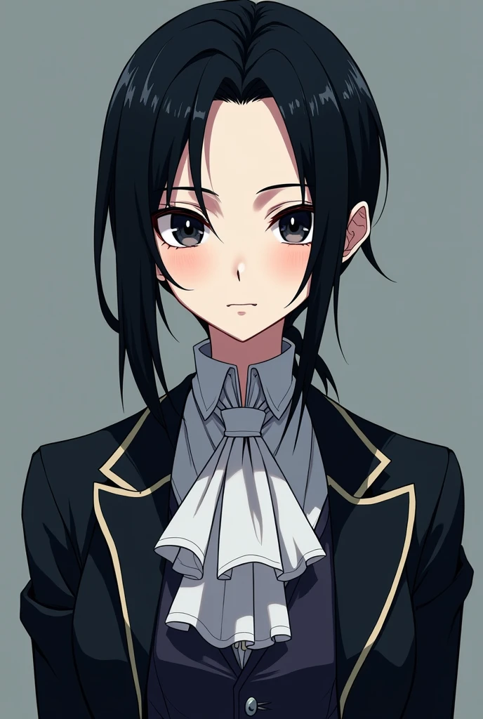 27 year old white anime guy with blue lock art, Black hair with a side part and a small volume, Forward at eye level, An indifferent expression with black eyes., Have a strong and well-defined body., An unattractive full-body front view, Change into an English nobleman's shirt, Beautiful face