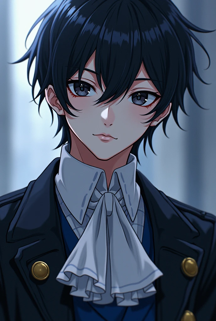 27 year old white anime guy with blue lock art, Black hair with a side part and a small volume, Forward at eye level, An indifferent expression with black eyes., Have a strong and well-defined body., An unattractive full-body front view, Change into an English nobleman's shirt, Beautiful face