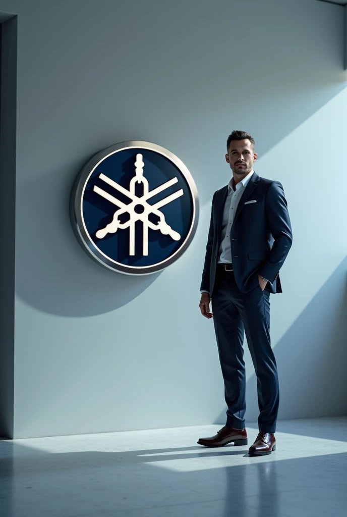 Image of a person standing next to the Yamaha logo