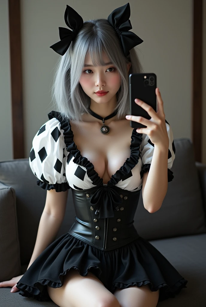 highly detailed, beautiful, hyper Realistic girl, masterpiece, best quality, Japanese sexy gravure Instagrammer, 28-years-old, identity hidden, sitting on the Sofa, all body shot, , takes a selfie in her room using a smartphone in front of a mirror with one hand, fashion model Posing, standing, looking away from the camera, /// gray arranged hair, light color eyes, Realistic skin, Detailed face, /// casual Pierrot Costume, Opt for a fitted corset bodice with black and white diamond patterns, accentuating the waist, Layer with a ruffled, off-the-shoulder blouse in contrasting black and white hues, adorned with oversized bows for a whimsical touch, Pair with high-waisted black skirt, featuring exaggerated ruffles or pleats for added volume and drama, Accessorize with black and white striped stockings or tights, and patent leather ankle boots with oversized buckles for a modern twist on classic clown footwear, arranged gray hair, /// Monotone simple modern taste single room, mirror, complicated background