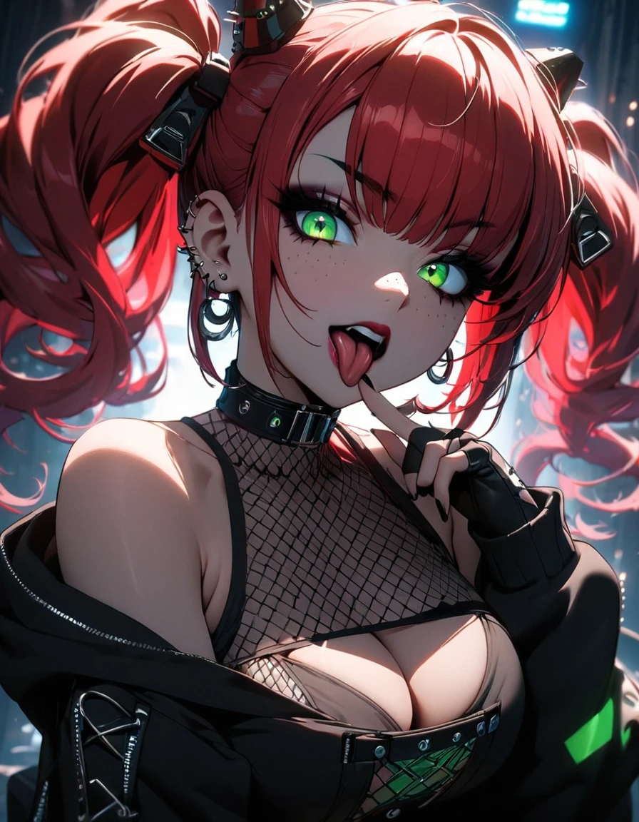 woman, curly red hair in pig tails, green eyes, eye shadow, black hoodie, black finger-less gloves, exposed shoulders, large breasts, freckles, cleavage, fishnet undershirt, looking at viewer, Holo-Punk Style, goth, earrings, eyelashes, makeup, solo, tattoo, punk aesthetic, cinematic lighting, masterpiece, best quality, face close up, sticking tongue out, vagface