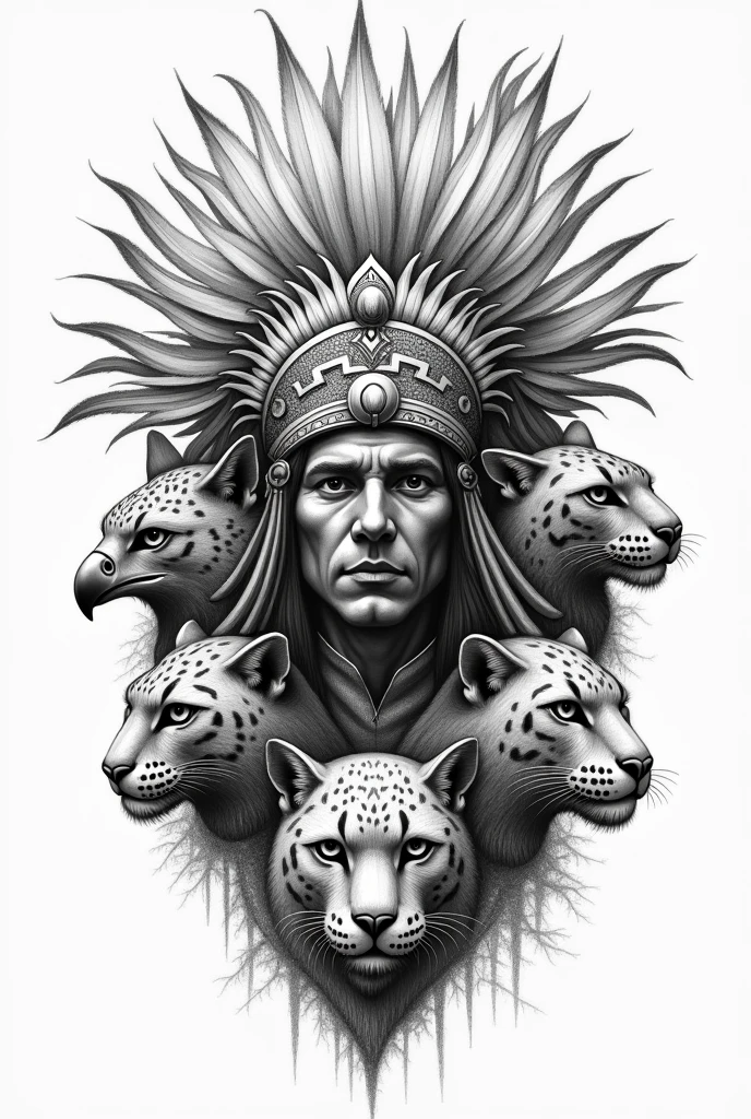 Create a beginner pencil sketch style drawing in black with a man with a pre-Hispanic headdress around which you can see the head of an eagle, An owl , a panther and a jaguar. Let it look like an emblem with a maguey
