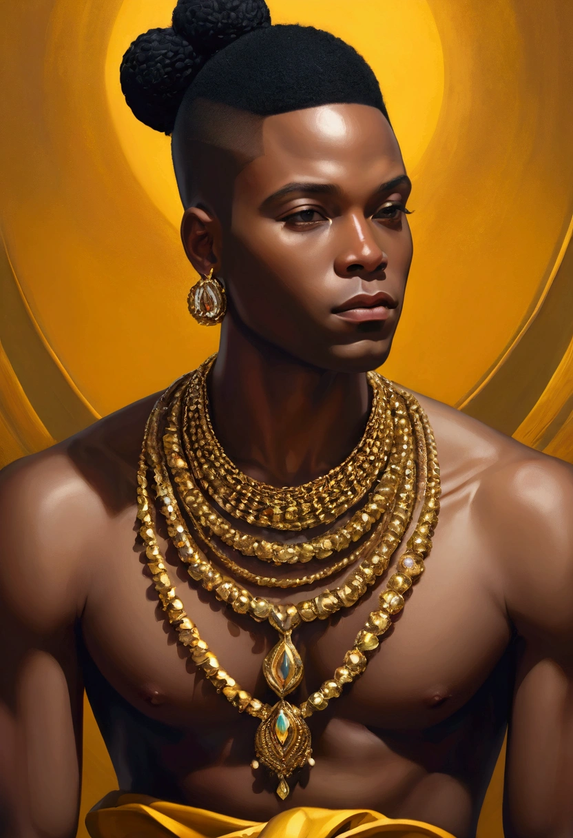 (Inspired by: Gerard Sekoto), A black man wearing flashy gold jewelry, flamboyant clothing, detailed fashion, dramatic pose, dynamic lighting, hyper-realistic, cinematic, striking colors, vibrant, moody, high contrast, Superb composition, elegant and simple background，meditative mood，(masterpiece), best quality,