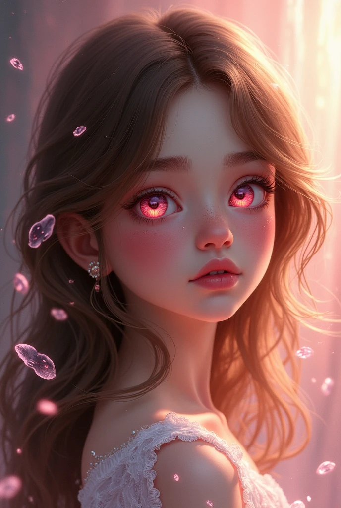 girl with brown hair and pink eyes