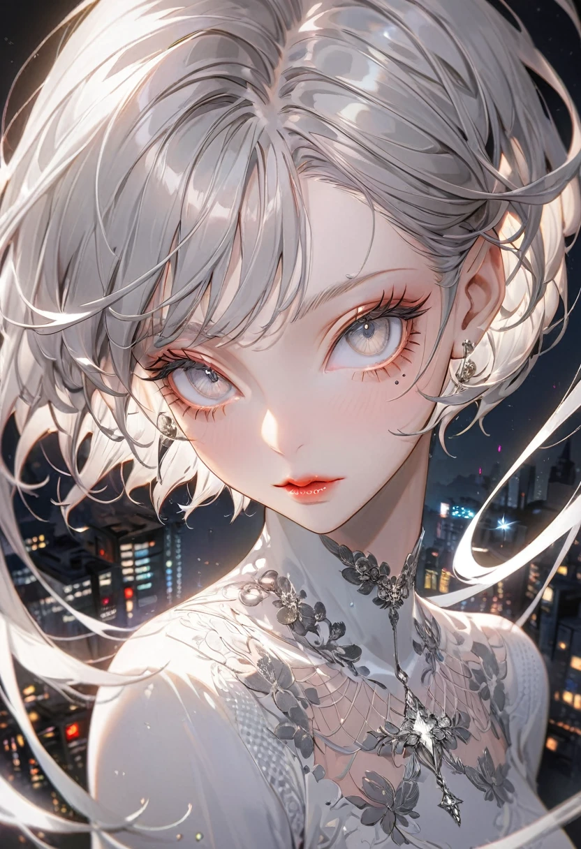 The background is the night electronics district,(Highest quality,Very detailed,High resolution:1.2),Slim albino girl,Gray-haired berry shorthair,gray bangs,very_Long eyelashes, Detailed lips, Cool look, Soft Skin, Shiny Hair,Exquisite makeup, Shot from above,Posing