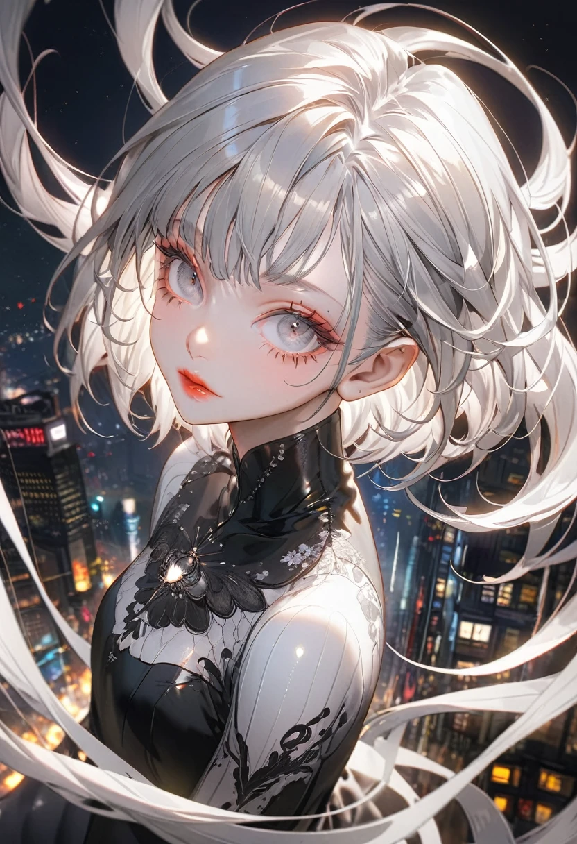 The background is the night electronics district,(Highest quality,Very detailed,High resolution:1.2),Slim albino girl,Gray-haired berry shorthair,gray bangs,very_Long eyelashes, Detailed lips, Cool look, Soft Skin, Shiny Hair,Exquisite makeup, Shot from above,Posing