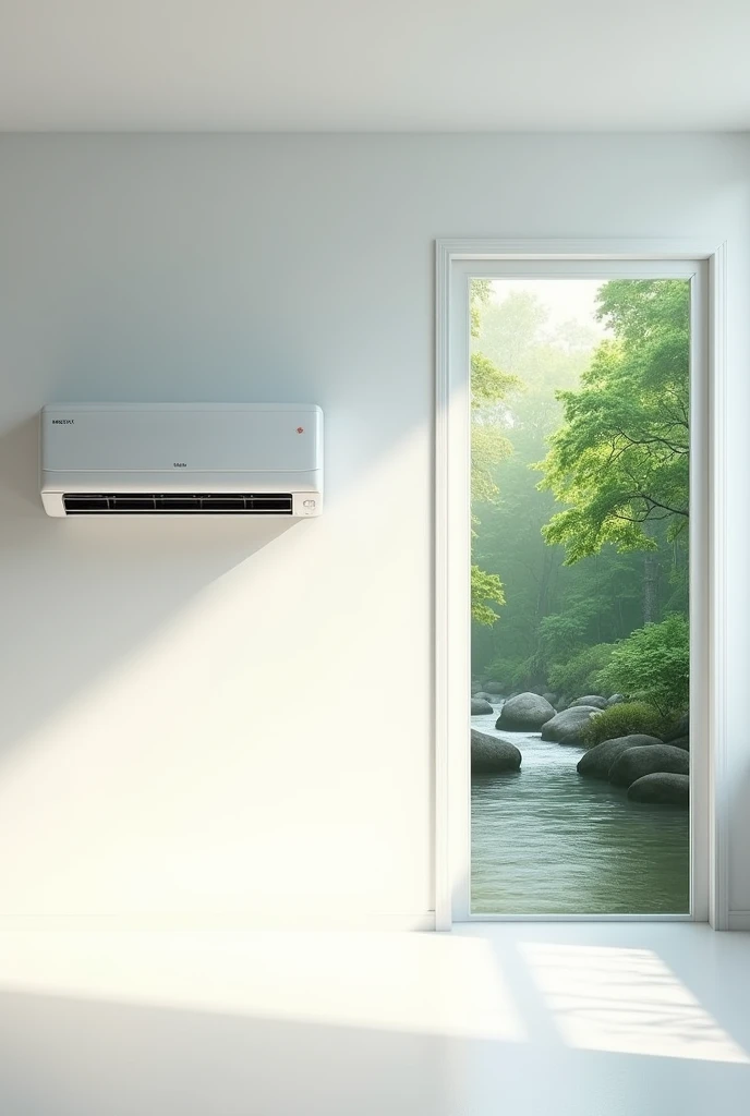 need a photo with a plain white wall with a wall mount air conditioning and from right side a glass door which shows imaginary greenary, river and cool effect