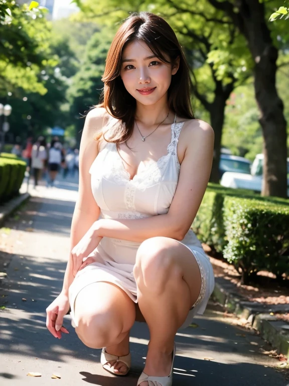 Very large bust、Constricted waist、A 25-year-old Japanese woman with big hips like a beautiful female announcer...、Solo、Clean nipples、Transparent panties，open your legs to 120 degrees、Photo of a smiling person sitting with legs spread on the stairs。