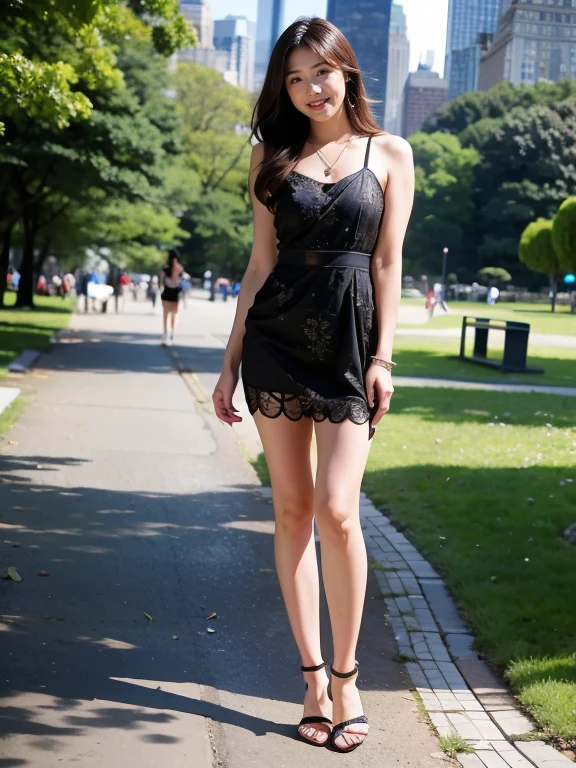 (RAW Photos:1.2), (Realistic:1.4),Beautiful detailed woman,非常にfine grainと顔, fine grain, Very detailed,High resolution, Very detailed,Highest quality,Raise awareness,Unified,8k wallpaper,masterpiece,Highest quality,1 female,alone,rich,Whole Body Ezbian,(A little thick:0.9),Toned figure,,Tight waist,alone,(Lace one-piece dress,mini skirt,High heels),Jewelry Necklace Medium Long Hair,A kind smile,A dignified atmosphere,black eye,Realistic,Central Park , (Wind:1.1)