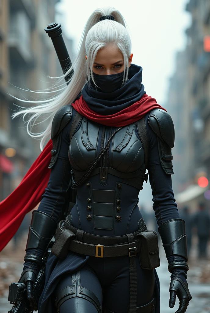 (Female Ninja Cruel Mech: 1.3, Full body covered mech, Heavy AWP on the back, DSLR, light tracking, 3D, Conceptual art, action painting, movie lighting, chiaroscuro) :(1.3). Highlighting the curve of the chest., long white ponytail hair looks elegant and attractive. 8K resolution like a masterpiece, (Murderous death and fear): 0.5, long red scarf fluttering in the wind, war-torn city backdrop. 