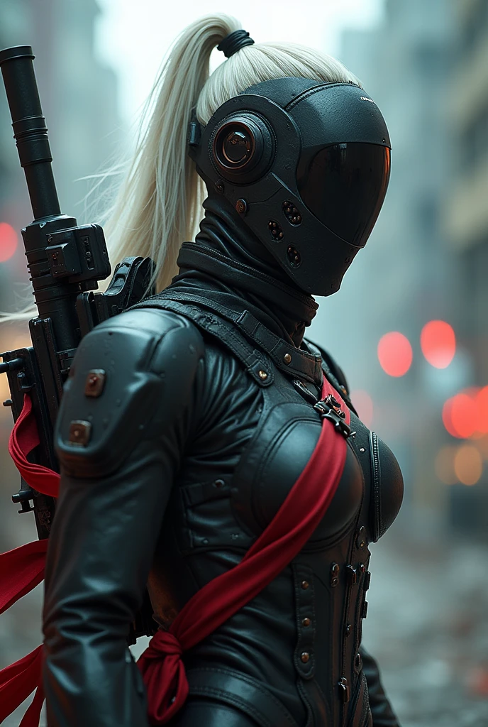 (Female Ninja Cruel Mech: 1.3, Full body covered mech, Heavy AWP on the back, DSLR, light tracking, 3D, Conceptual art, action painting, movie lighting, chiaroscuro) :(1.3). Highlighting the curve of the chest., long white ponytail hair looks elegant and attractive. 8K resolution like a masterpiece, (Murderous death and fear): 0.5, long red scarf fluttering in the wind, war-torn city backdrop.