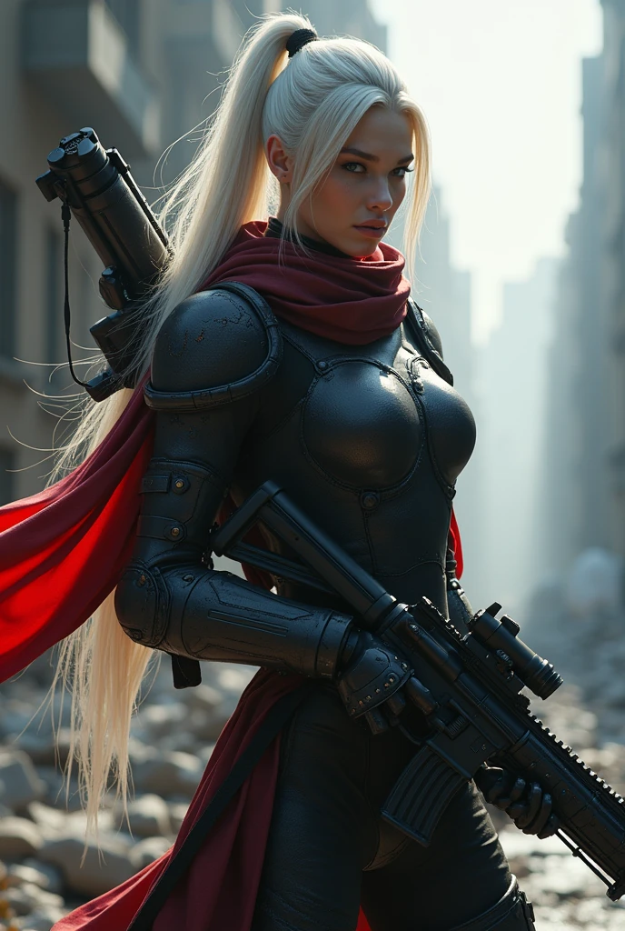 (Female Ninja Cruel Mech: 1.3, Full body covered mech, Heavy AWP on the back, DSLR, light tracking, 3D, Conceptual art, action painting, movie lighting, chiaroscuro) :(1.3). Highlighting the curve of the chest., long white ponytail hair looks elegant and attractive. 8K resolution like a masterpiece, (Murderous death and fear): 0.5, long red scarf fluttering in the wind, war-torn city backdrop.