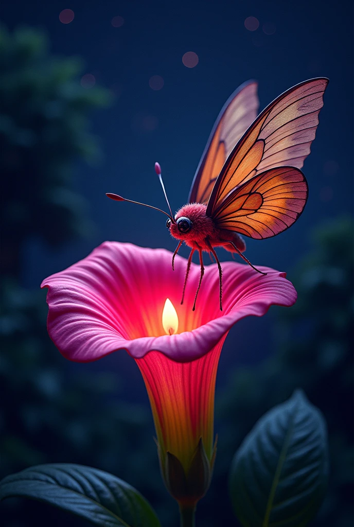 Dragonfruit trumpet-shaped flower with giant nocturnal moth absorbing nectar from the flower