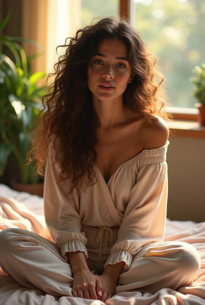 (photorealism:1.2), beautiful woman, sitting on bed, wearing loose off-shoulder top, pajama pants, long curly hair, indoors, soft lighting, plants in background, window with sunlight, cozy room, relaxed pose, realistic, intricate details, warm colors, by Greg Rutkowski, by Alphonse Mucha