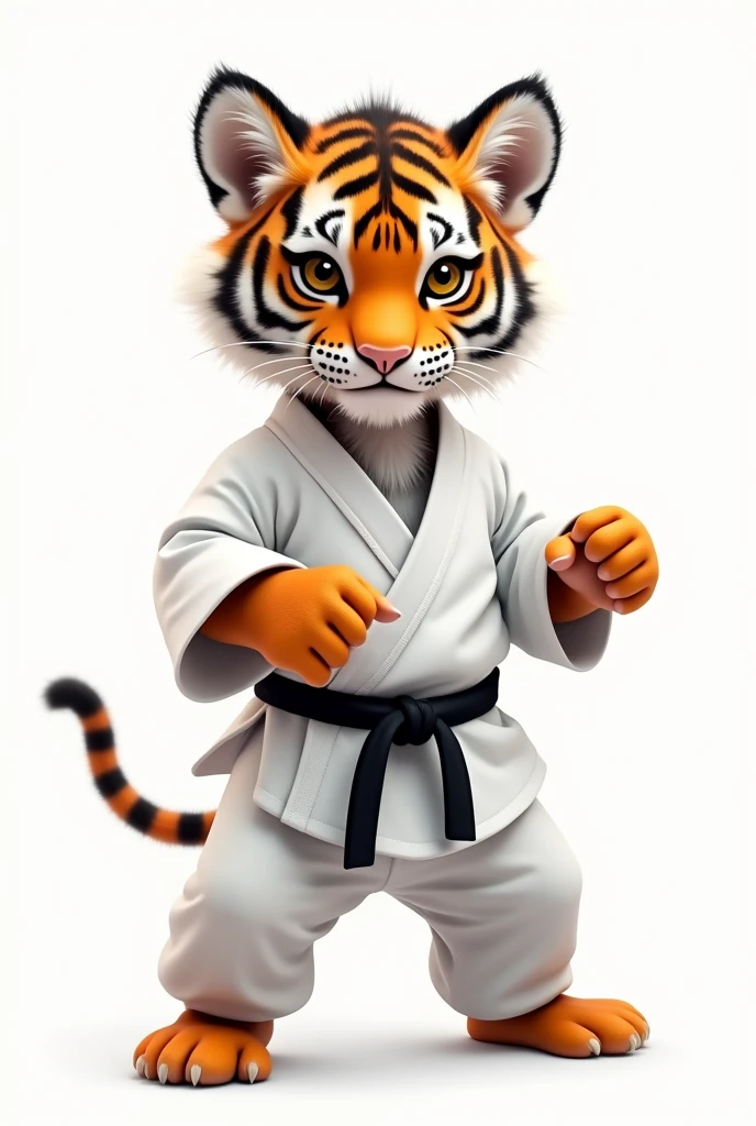 tiger cub in karate costume on white background