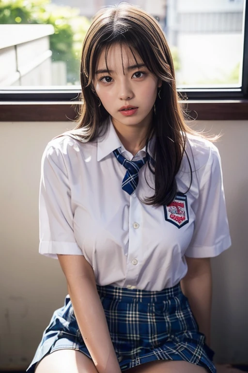 masterpiece, best quality, illustration, Super detailed, fine details, High resolution, 8k,wall paper, perfect dynamic composition,(Details High quality, realistic depiction of eyes:1.3), (school)、(white school shirt :1.2), (plaid skirt :1.3), large breasts, expresses the roundness and softness of your chest, Don't expose it、Disturbed uniform, black hair color, Big Natural Color Lip, perfect body shape, crying a little、Harajuku style、20 year old girl、cute type, beautiful legs, gravure idol, (A big bust that seems to burst:1.20),(Beautiful Big 1:1),,(((Sweating))),Show me your chest,Flushed Cheeks,
Please take it off