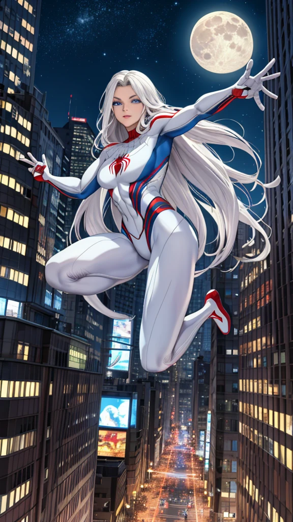(masterpiece, 4K resolution, Surrealism, Very detailed), (white super hero theme, attractive, There was a girl in town, Wearing a spiderman costume, She's a superhero), [ ((25 years), (long white hair:1.2), whole body, (Blue eyes:1.2), ((Spider-Man pose),show strength, jump from one building to another), ((sandy urban environment):0.8)| (city View, night, dynamic lights), (full moon))] # interpretation: The prompt mainly describes an Ultra HD 4K painting, Very realistic, Very detailed. It shows a superheroine on top of the city, Wearing a knight costume. The theme of the painting is white super hero theme, the female protagonist has long white hair, is 2 and her entire body is shown in the painting. In depicting superhero action, employed，huge ，huge breasts，Show breasts，exposing her chest,