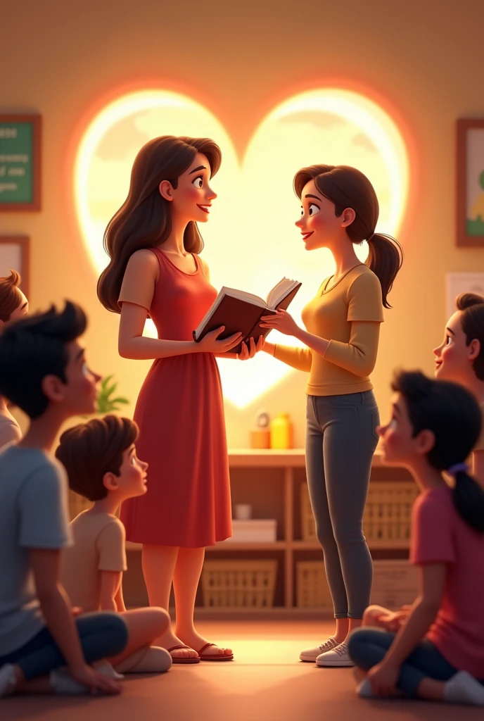 Two women holding a bible with children on either side and a heart behind them in the background in Sunday school in animated cartoons