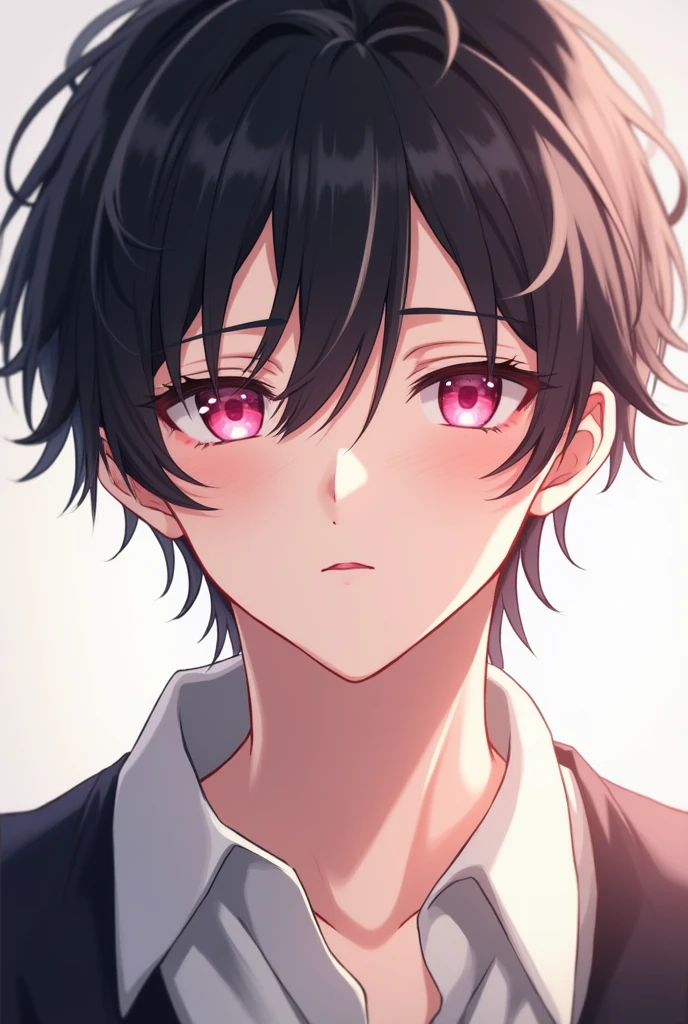 Create a Young Male, dark haired and pink eyed, with a calm and beautiful face. Make it in 2D anime style drawing