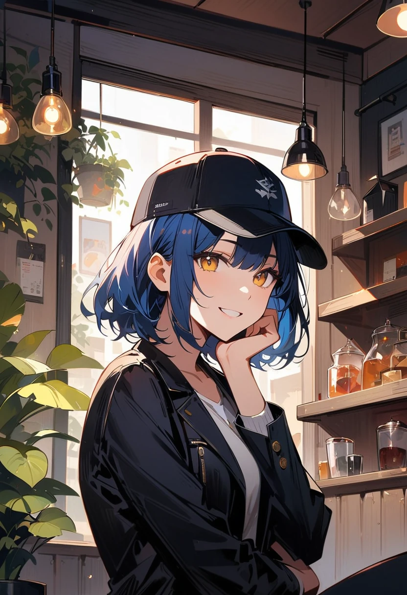 masterpiece, best quality, absurdres, score_9, score_8_up, score_7_up, source_anime, 1girl, yellow eyes, room, wariza, medium hair, pixie bob haircut, navy blue hair, happy face, portrait, blazer, starshadowmagician, solo, Adult woman, best perfect anatomy, Pose with hands tucked behind ears, Cheek resting on hand, cafe, indoors, window, crowd, sitting, steam, looking at viewer, black baseball cap, Black leather Jacket with white tank top, black trousers, upper body, smile, Shooting up close, Shooting from the side, hanging light, ceiling light, potted plant,