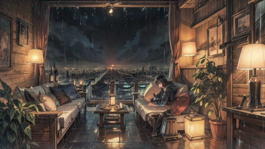 A serene night-time cityscape viewed through a rain-soaked window. The scene features soft, warm lights reflecting off the wet pavement and distant glowing neon signs, evoking a sense of calm and relaxation. A vintage record player sits on a wooden table near the window, with a jazz vinyl spinning slowly. The overall mood is cozy and inviting, with a deep blue and warm brown color palette. The background captures the quiet ambiance of a rainy night in the city, perfect for a chill jazz lo-fi vibe.