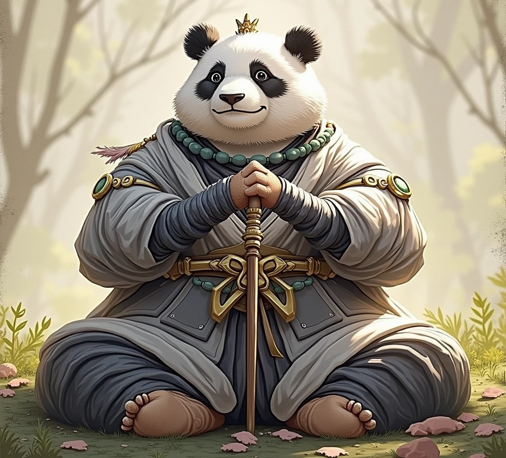 (masterpiece, top quality, best quality, official art,beautiful and aesthetic:1.2),(4k,8k, best quality,masterpiece:1.2),(((white background))), solo,Game character, the panda person, a game character inspired by pandas, wearing a black and white robe, adorned with a jade bead necklace and bracelet, viewed from multiple angles including back view and side view, holding a cane. The structure is clear and accurate, with a modern realistic representation and consistent lighting that looks natural and believable.
