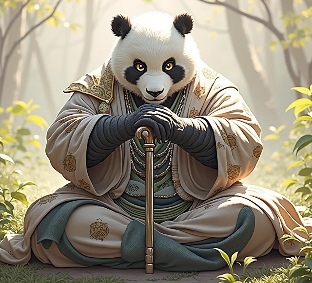 (masterpiece, top quality, best quality, official art,beautiful and aesthetic:1.2),(4k,8k, best quality,masterpiece:1.2),(((white background))), solo,Game character, the panda person, a game character inspired by pandas, wearing a black and white robe, adorned with a jade bead necklace and bracelet, viewed from multiple angles including back view and side view, holding a cane. The structure is clear and accurate, with a modern realistic representation and consistent lighting that looks natural and believable.