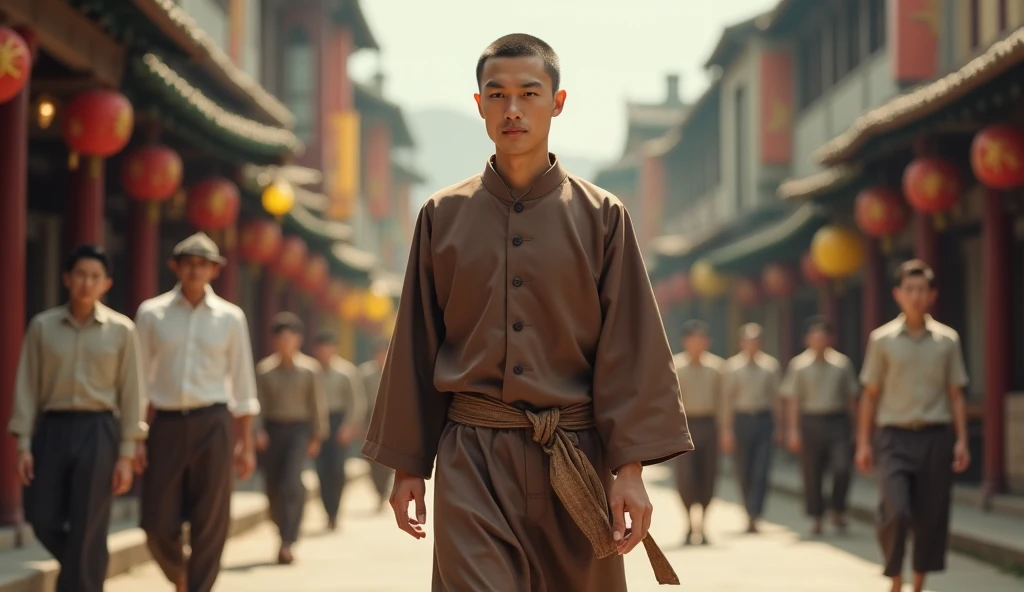 In 1930s, A short hair handsome and moral young man of Asian descent, dressed in the brown clothes of the Hoa Hao Buddhists of South Vietnam without button in the middle but put on over to the left side like to button, without a collar, featuring long sleeves, a plain design, and made from a lightweight and cheap material, strolling leisurely and gracefully in a bustling town in the setting of 1930s.