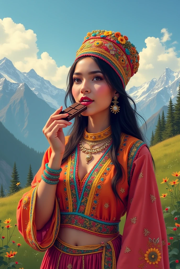 Create a attractive poster for a chocolate brand , showing a girl in Himachal traditional dress and Himachali cap eating chocolate and enjoying the taste