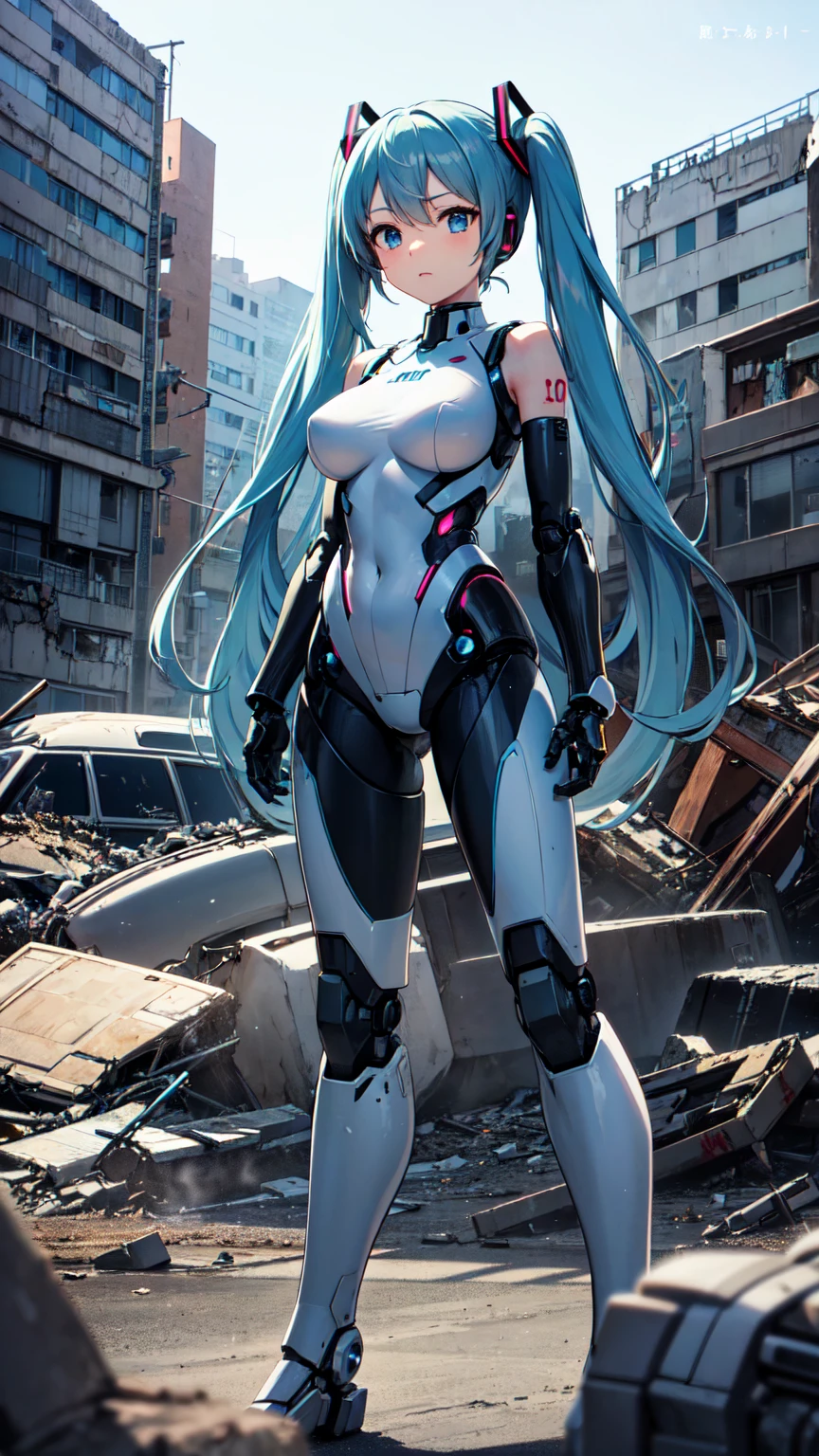 Hatsune Miku Vocaloid、Mecha Girl、Gundam Armor, Twin tails、Light blue hair、Bright Blue Eyes、Big Breasts, High heels, Highly sophisticated cyborg, Arms folded in front of the destroyed city, Ultimate physical beauty、Bionic body with futuristic details. (Arms folded in front of the destroyed city、Highly sophisticated cyborg, Bionic body with futuristic details.)