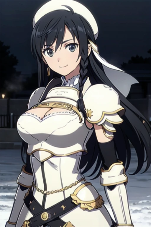 Sonia Blanche, long hair, (very dark brown hair), (black hair), cross earrings, hair ornament, veil, armored dress, pauldrons, breastplate, gauntlets, belt, skirt, greaves, (white beret), 1girl, solo, upper body, (big breasts), facing viewer, looking at viewer, smile, (dark background), night time, foggy weather, snow, (fire pit)