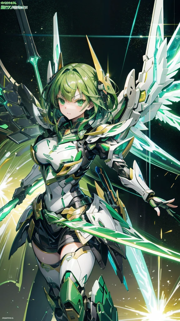 High detailed, 1 girl, mecha musume, mecha armor, Green hair, Green eyes, large breasts, mecha armor, mechanical wings, mecha gear, large mecha sword, laser sword, light sword, sparks around the armor