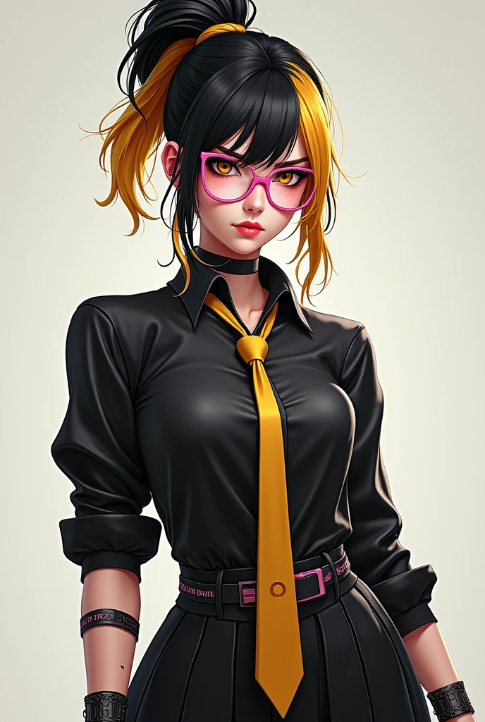 Free Fire game style female character, with black and gold hair half tied up and half loose on top of her head, wearing a black rocker style blouse with a tie, black skirt wearing pink glasses